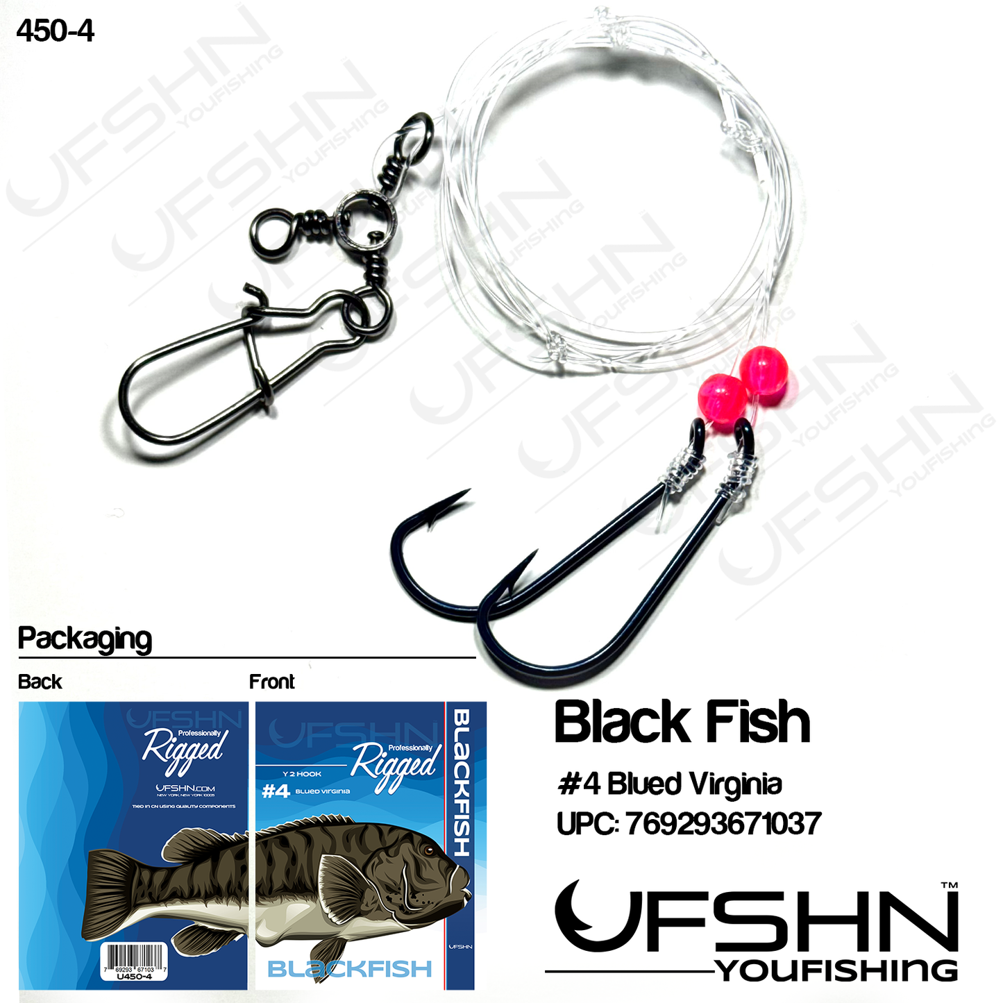 UFSHN 450-4 HAND TIED BLACKFISH SINKER SNAP Y RIG WITH #4 VIRGINA HOOKS RED BEADS