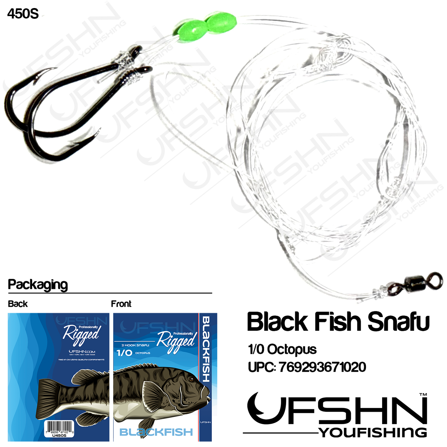 UFSHN 450S HAND TIED BLACKFISH SNAFU RIG OCTOPUS HOOKS