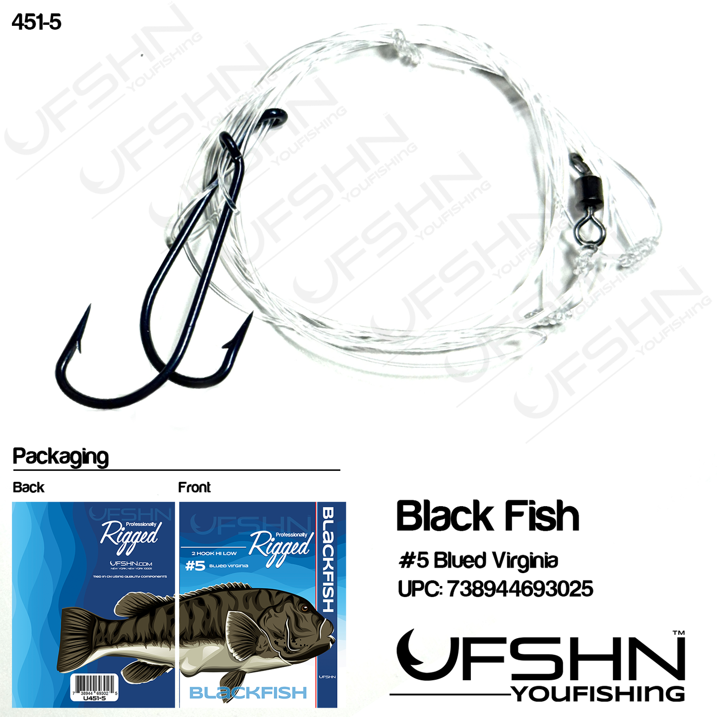 UFSHN 451-5 HAND TIED BLACKFISH HI-LO RIG #5 VIRGINA HOOKS