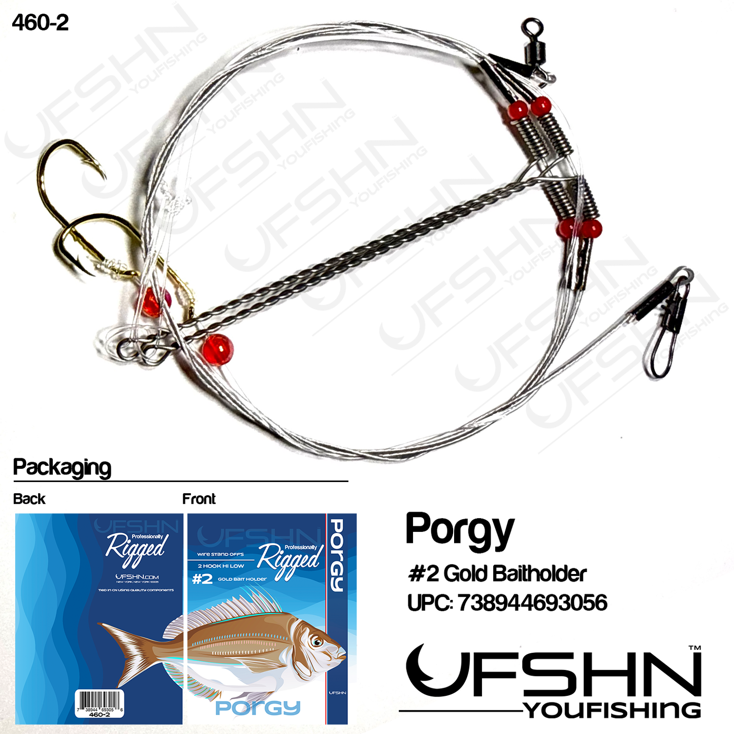 UFSHN 460-2 HAND TIED PORGY HL WIRE RIG GOLD BAITHOLDER #2
