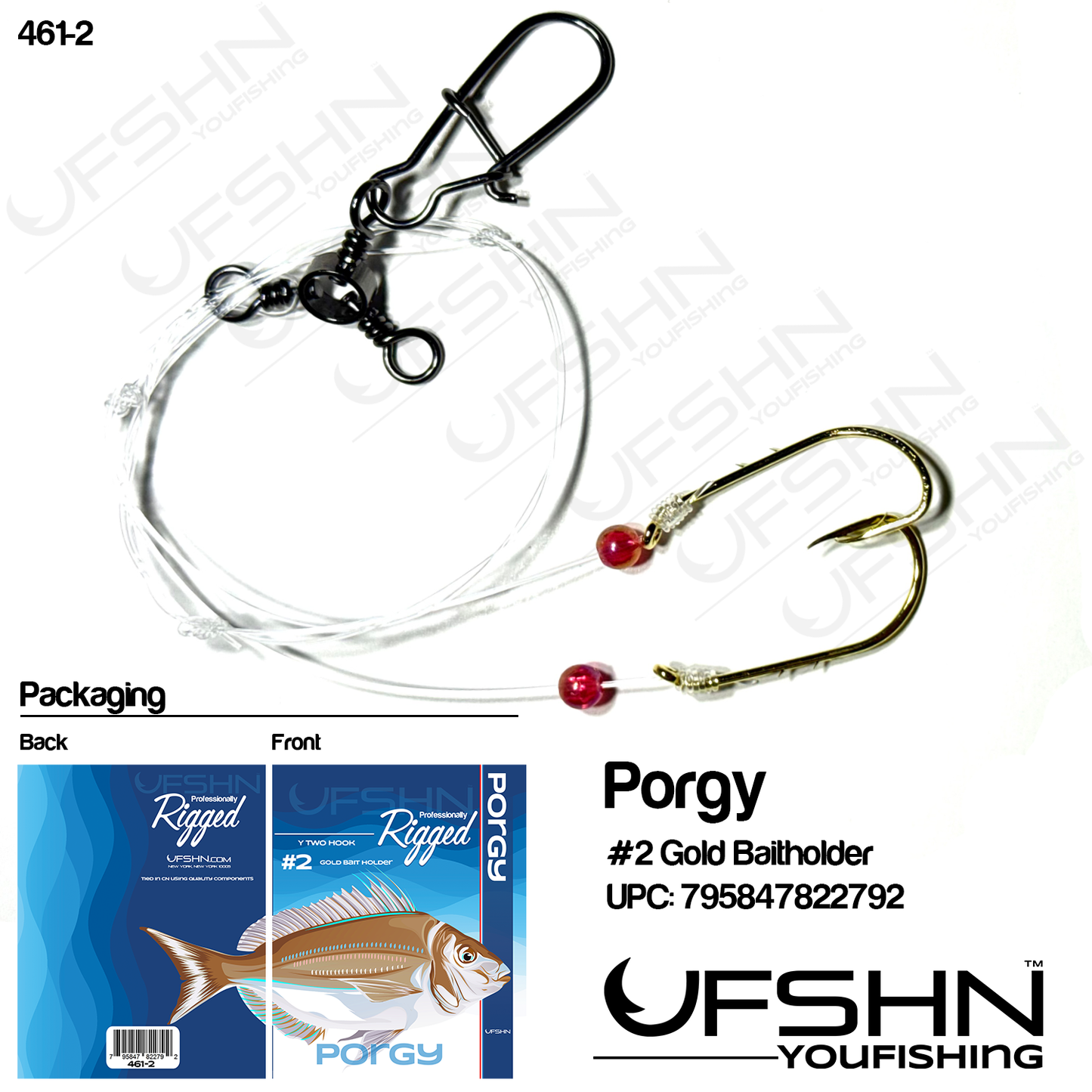 UFSHN 461-2 HAND TIED PORGY RIG 2 #2 GOLD BAITHOLDER HOOKS W/BEADS