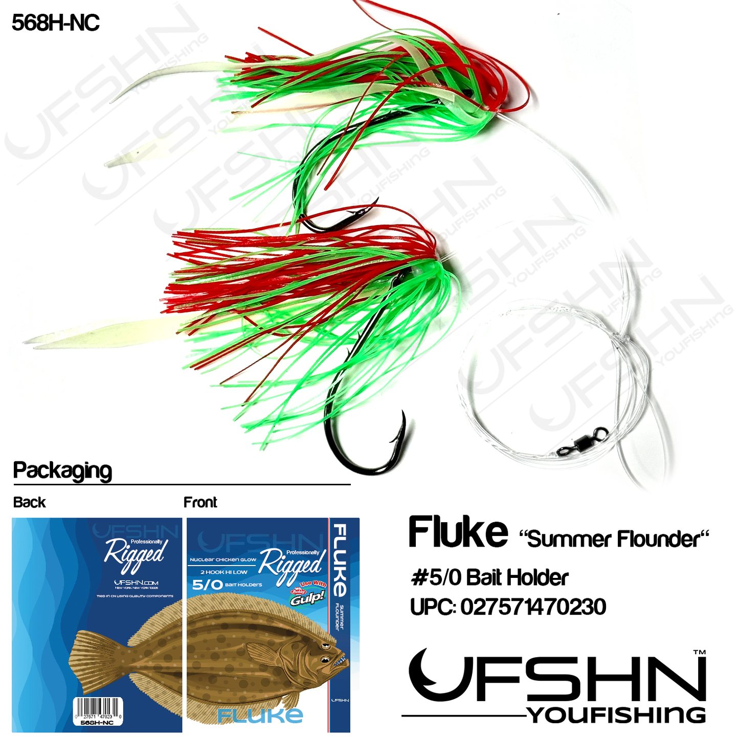 UFSHN HAND TIED FLUKE HI LOW 5/0 4X BAITHOLDER HOOK HOOCHIE SKIRT & TAIL GLOW NUCLEAR