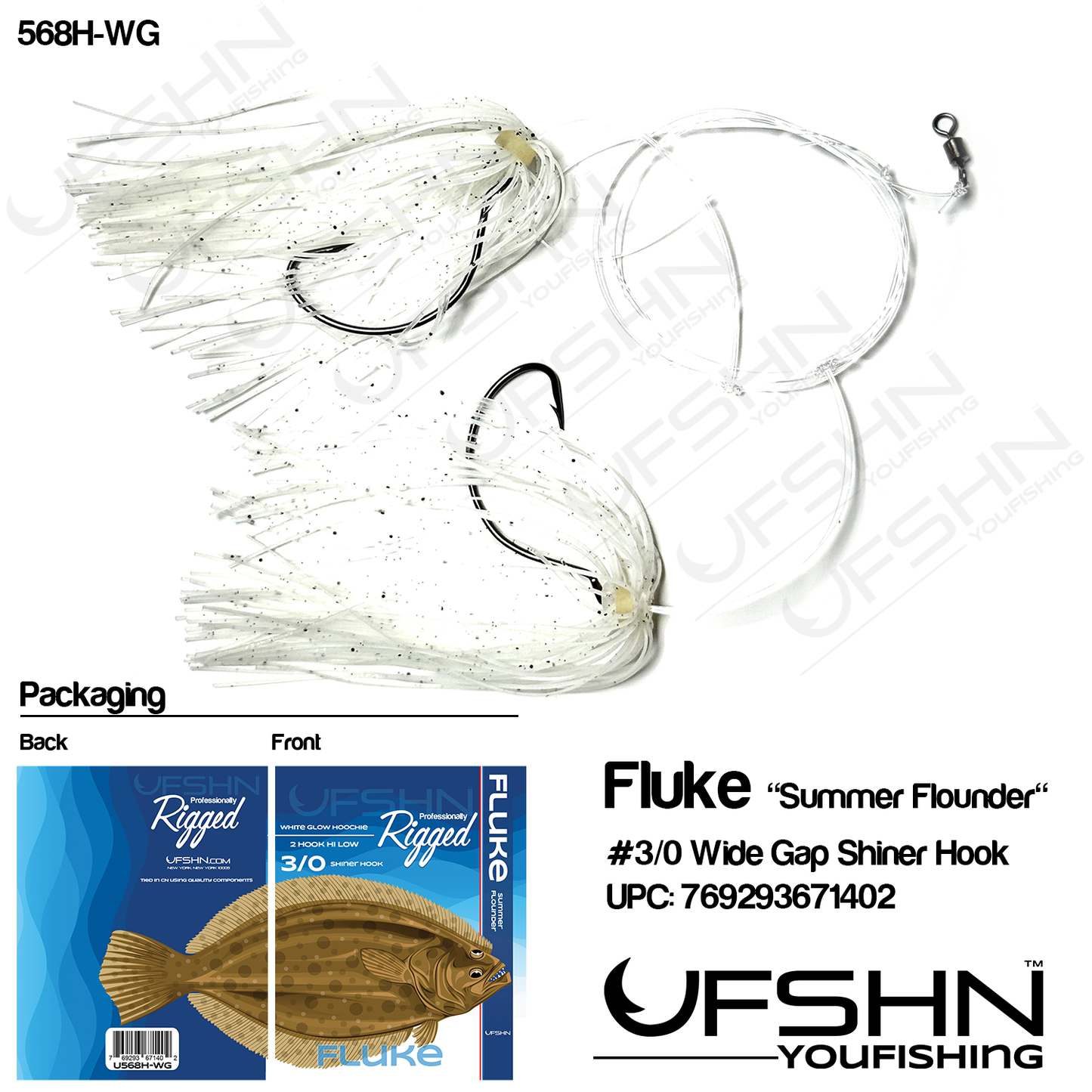 UFSHN HAND TIED FLUKE HI LOW OCTOPUS HOOK HOOCHIE SKIRT WHITE