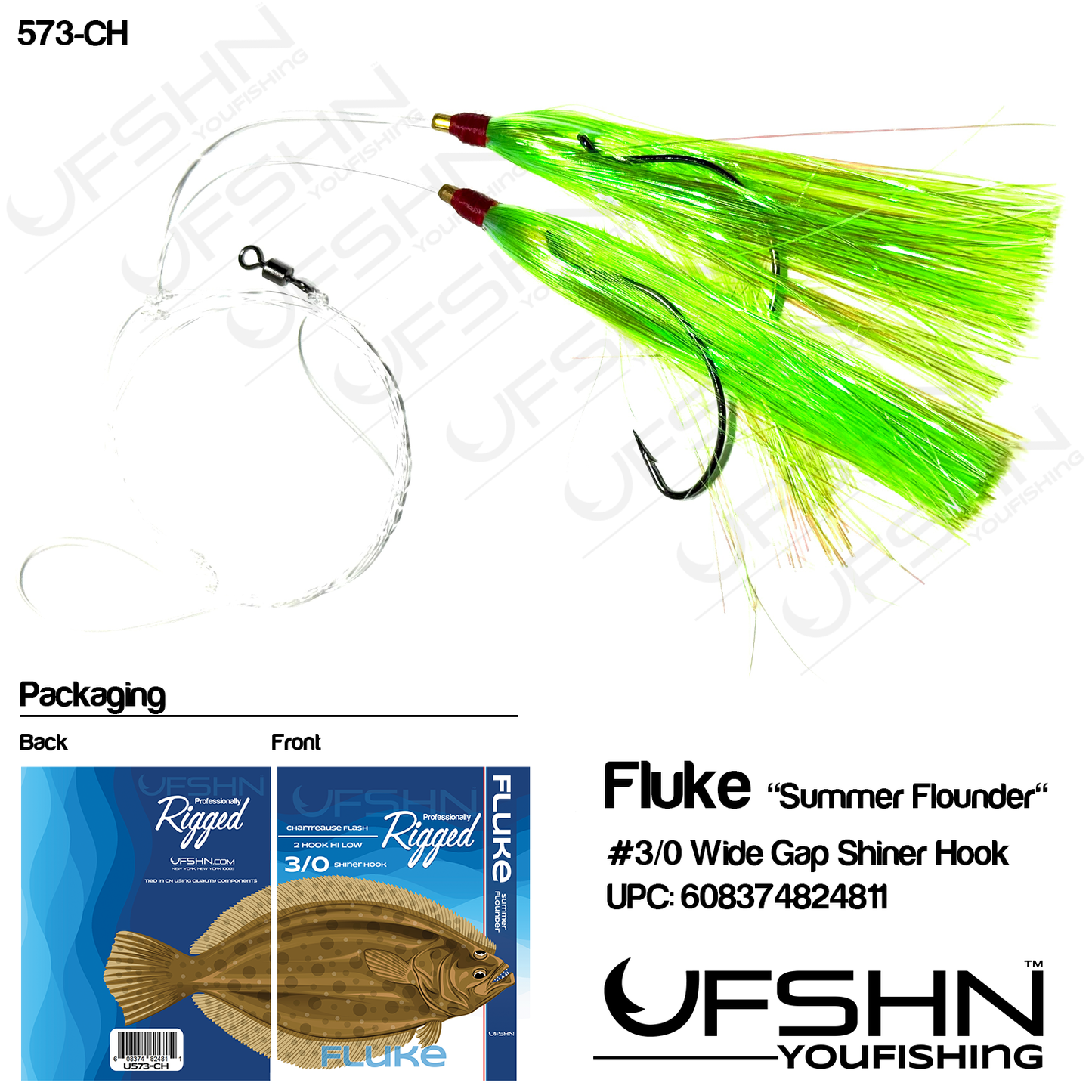 UFSHN 573G HAND TIED FLUKE HI-LO MYLAR RIG WIDE GAP GREEN