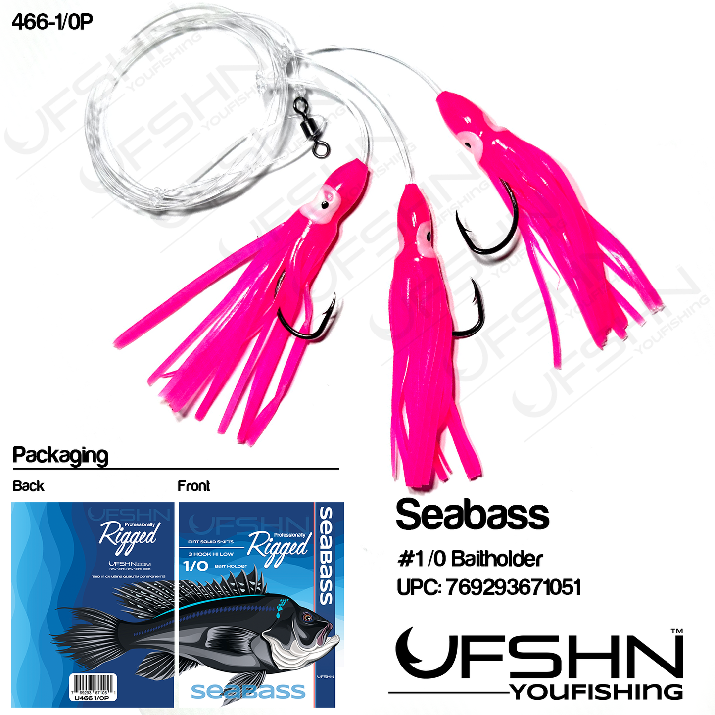 UFSHN 466-1/0P HAND TIED SEABASS HI-LOW WITH 1/0 BAITHOLDER SQUID SKIRTS PINK