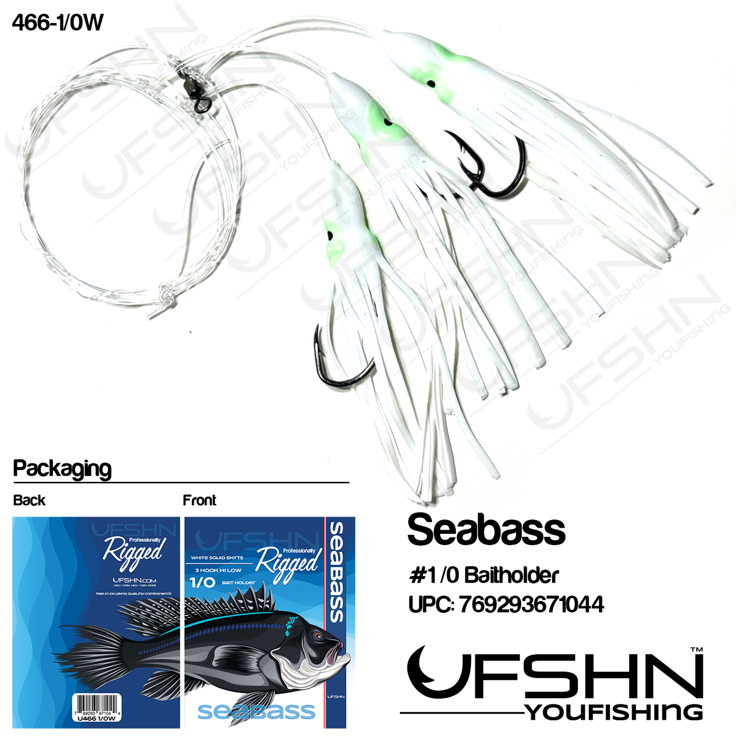 UFSHN 466-1/0W HAND TIED SEABASS HI-LOW WITH 1/0 BAITHOLDER SQUID SKIRTS WHITE