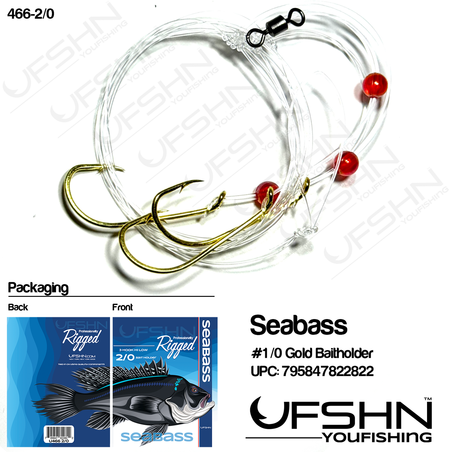 UFSHN 466-2/0 HAND TIED SEA BASS HI-LO RIG 3 HK 2/0 BAITHOLDER