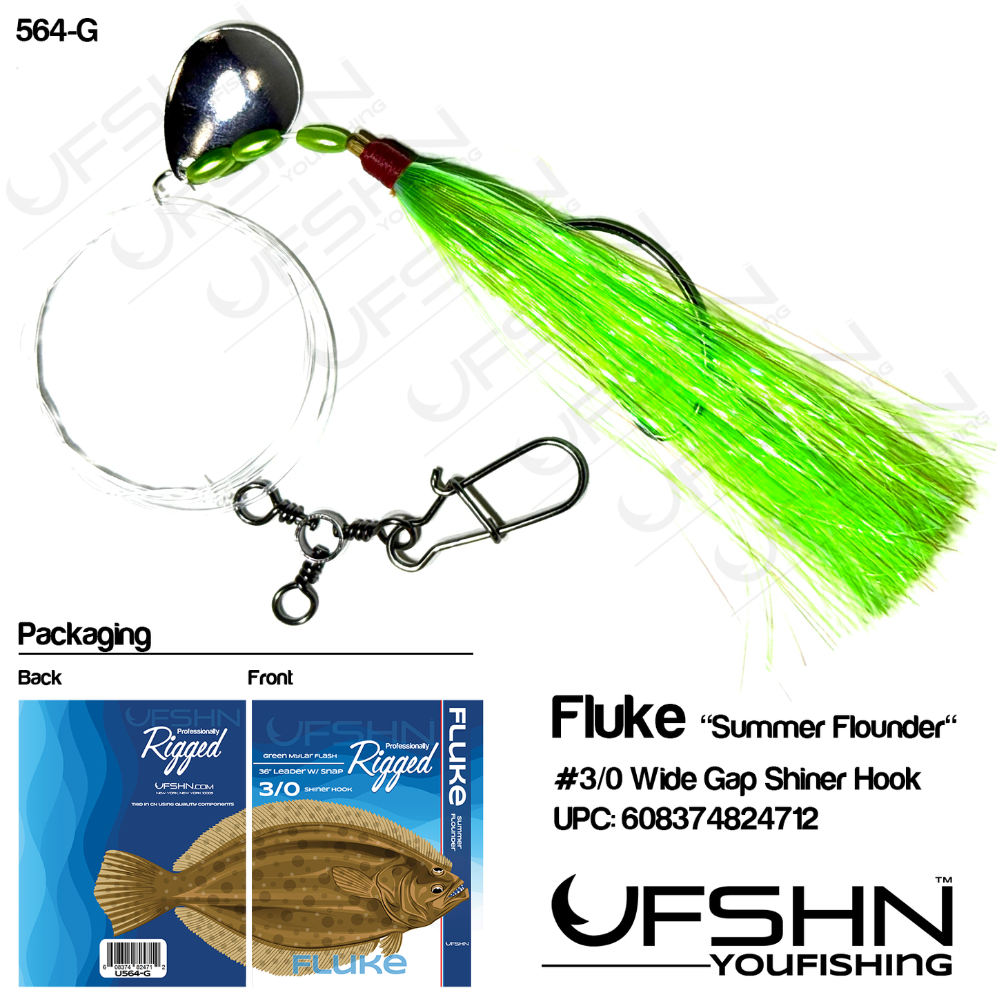 UFSHN 564G HAND TIED FLUKE SPINNER RIG WIDE GAP GREEN MYLAR