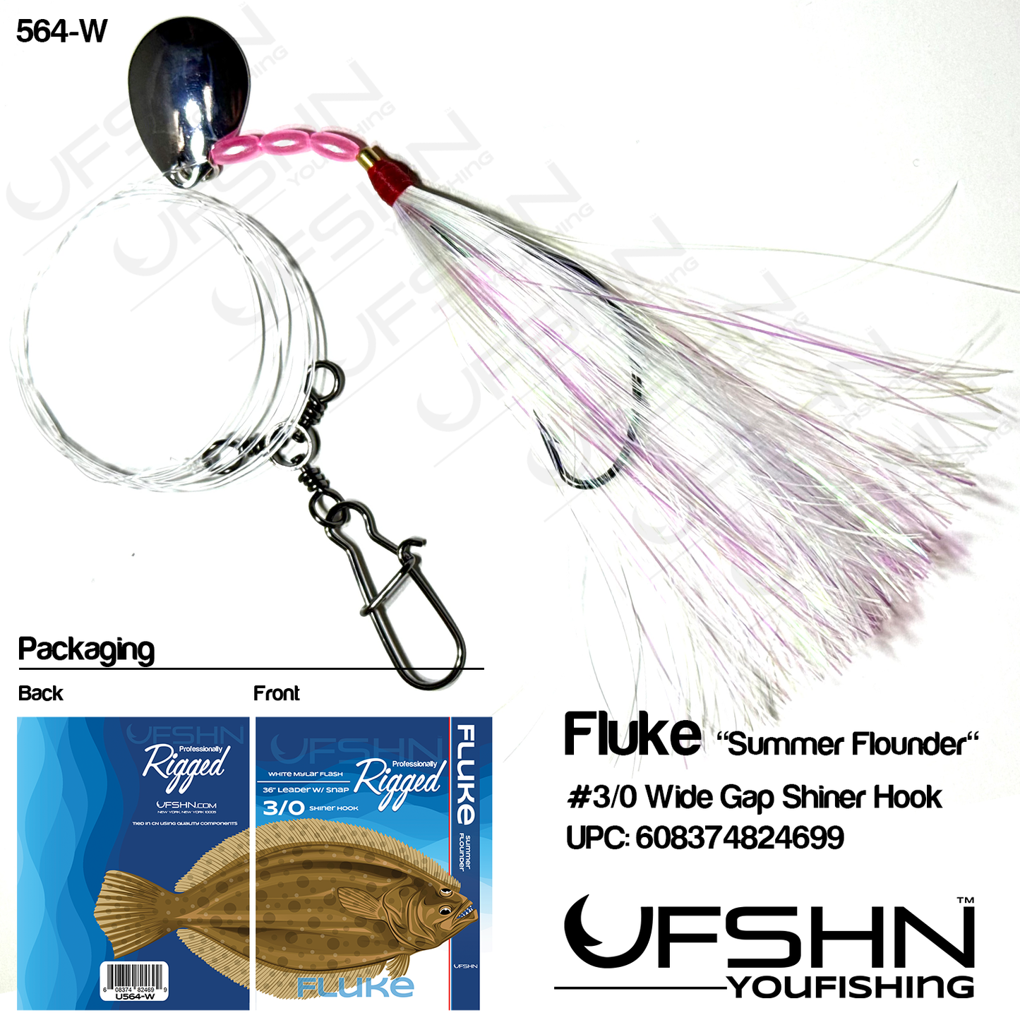 UFSHN HAND 564W TIED FLUKE SPINNER RIG WIDE GAP WHITE MYLAR