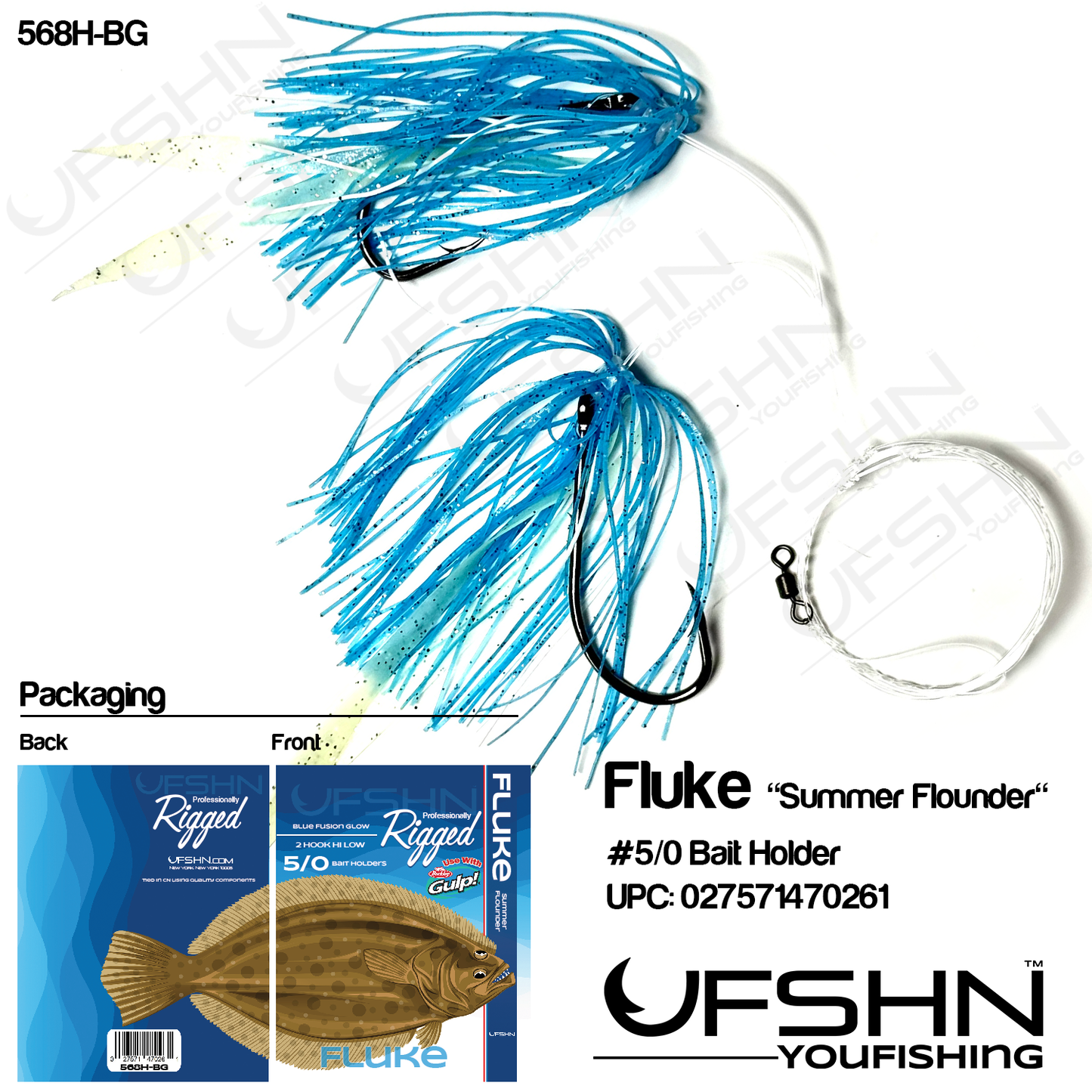 UFSHN HAND TIED FLUKE HI LOW 5/0 4X BAITHOLDER HOOK HOOCHIE SKIRT & TAIL GLOW BLUE FUSION