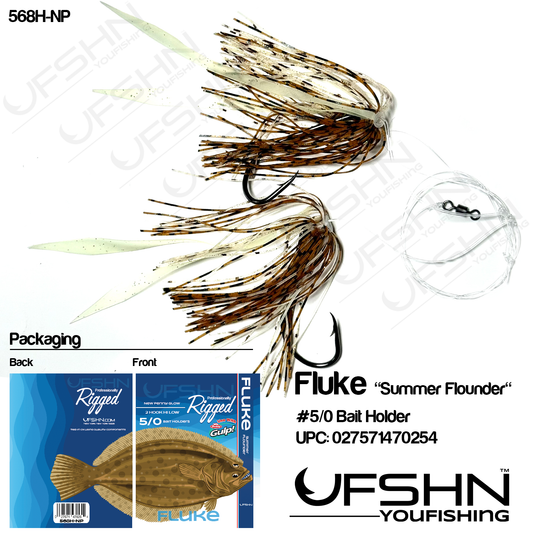 UFSHN HAND TIED FLUKE HI LOW 5/0 4X BAITHOLDER HOOK HOOCHIE SKIRT & TAIL GLOW NEW PENNY