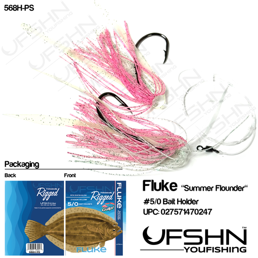 UFSHN HAND TIED FLUKE HI LOW 5/0 4X BAITHOLDER HOOK HOOCHIE SKIRT & TAIL GLOW PINK SHINE