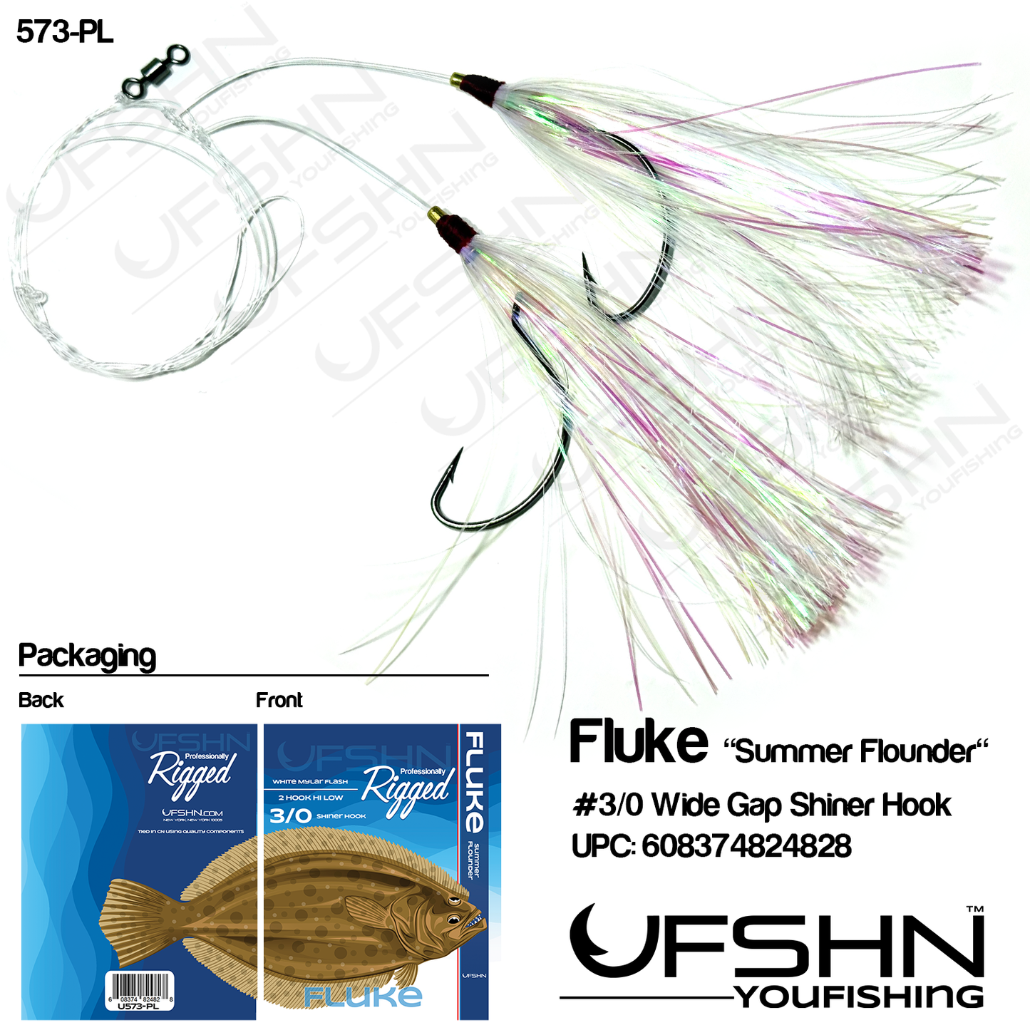 UFSHN 573PL HAND TIED FLUKE HI-LO MYLAR RIG WIDE GAP WHITE