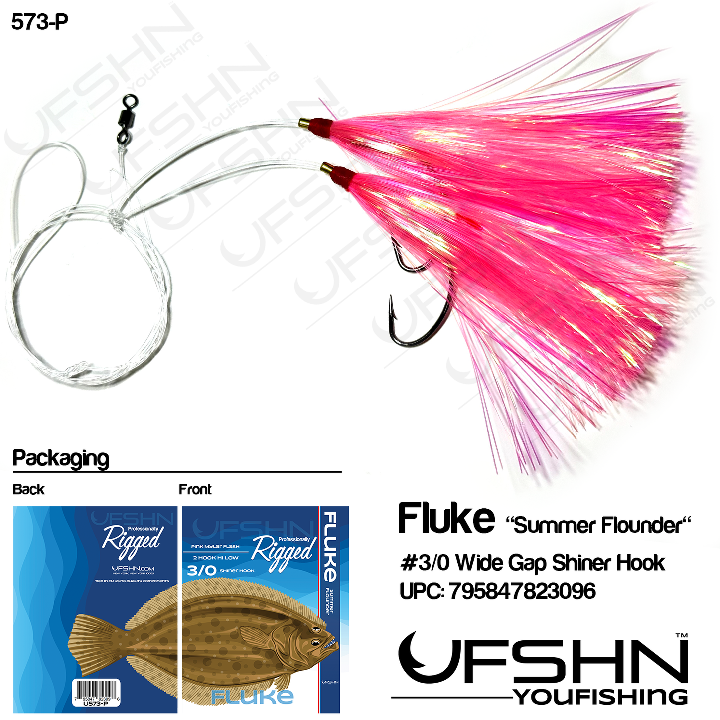 UFSHN 573P HAND TIED FLUKE HI-LO MYLAR RIG WIDE GAP PINK