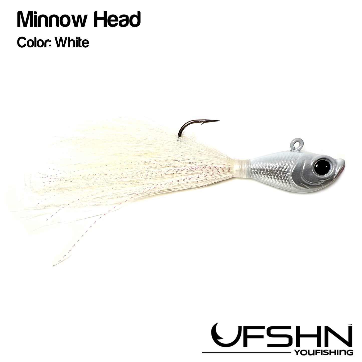 UFSHN MINNOW HEAD NATURAL BUCKTAIL 1OZ BUCKTAIL WHITE WITH SILVER FLASH